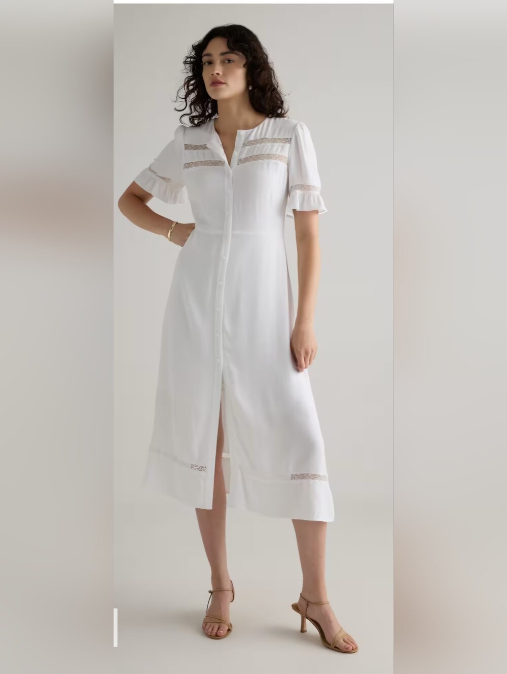 NWT Quince Ivory Crepe  Button-Front Lace Trim Maxi Dress Size L